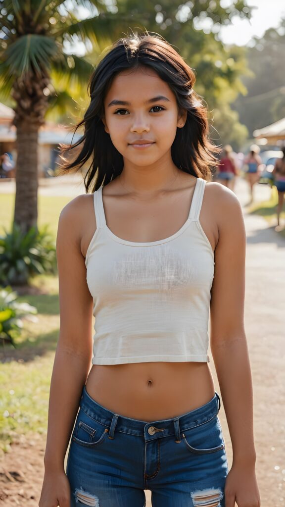 full body of pretty brown-skinned indigenous teen girl with black soft hair, brown eyes, wearing a short tank top