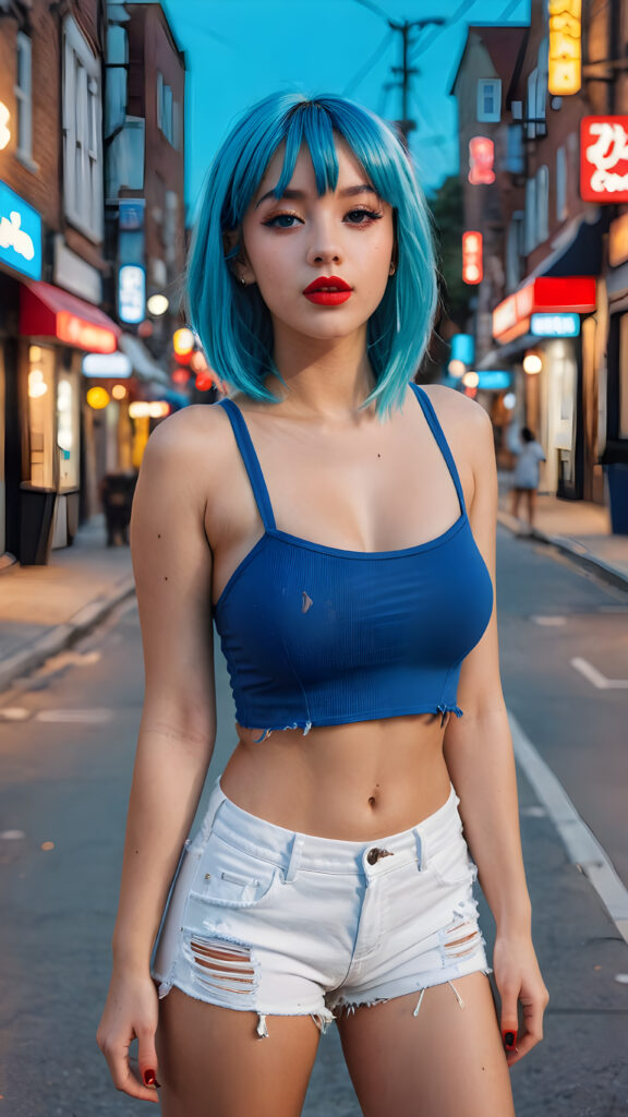 ((full body photo)) of a (posh) busted girl ((confidently)) posing in the street, long ((neon blue hair, bangs cut)), ((red lipstick)), ((short spandex crop top)), ((white tattered shorts))