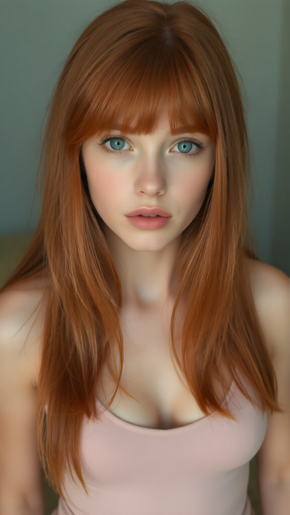 full body shot of a (((very beautiful young busty girl))) with ((extremely long, thin, jet soft straight vibrant red hair ((with a bang that gently frames her face)), natural looking ((pale skin)), and ((natural looking ((bright blue eyes)))) that are seductively open. Her lips are ((full, natural looking)) and ((perfectly curved)). She's dressed in a ((short tight thin strap low cut tank top, deep v-neck, wide open front))