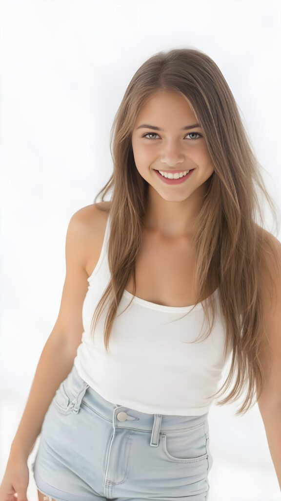 ((full body view)) of a (((gorgeous))) ((teen girl)), with a warm, inviting smile, and (softly tanned) skin, poised in a confident pose. She wears a ((white tank top)) and ((denim shorts)), ((quality:4k, Ultra High Definition, with intricate details)), which complements her (natural, warm color palette). Her hair is (straight, soft jet brown), with a (little tousling at the tips) that adds a touch of sensuality. She exudes an air of confidence and expertise. Her smile radiates cheerfulness. The backdrop is a simple, (softly detailed) white setting that adds a touch of sophistication to the image