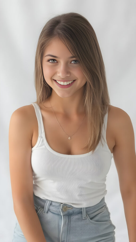 ((full body view)) of a (((gorgeous))) ((teen girl)), with a warm, inviting smile, and (softly tanned) skin, poised in a confident pose. She wears a ((white tank top)) and ((denim shorts)), ((quality:4k, Ultra High Definition, with intricate details)), which complements her (natural, warm color palette). Her hair is (straight, soft jet brown), with a (little tousling at the tips) that adds a touch of sensuality. She exudes an air of confidence and expertise. Her smile radiates cheerfulness. The backdrop is a simple, (softly detailed) white setting that adds a touch of sophistication to the image