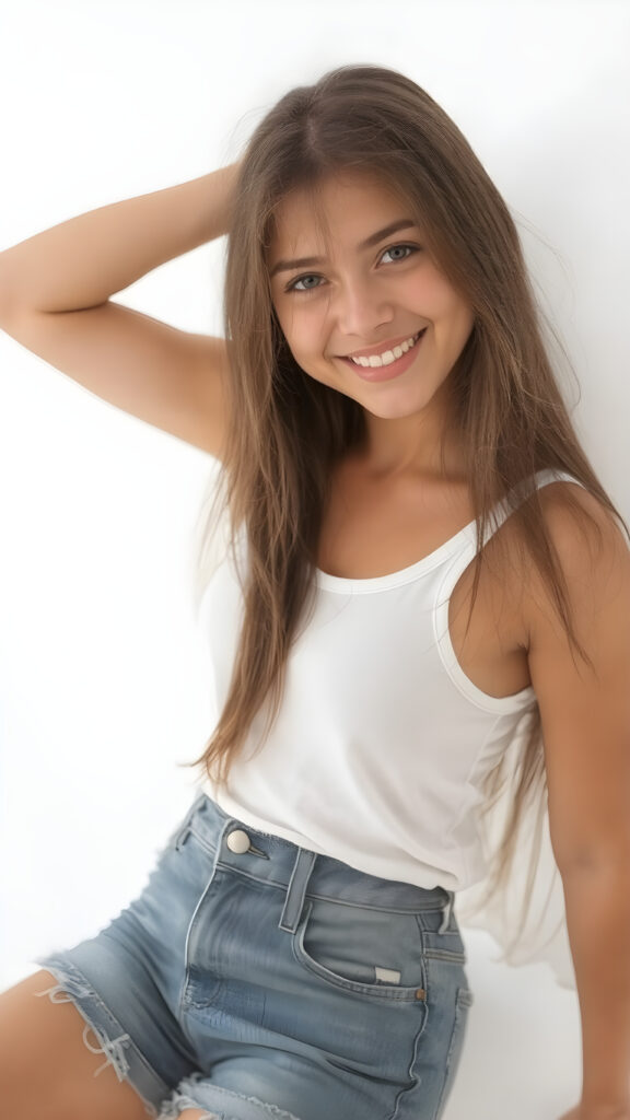 ((full body view)) of a (((gorgeous))) ((teen girl)), with a warm, inviting smile, and (softly tanned) skin, poised in a confident pose. She wears a ((white tank top)) and ((denim shorts)), ((quality:4k, Ultra High Definition, with intricate details)), which complements her (natural, warm color palette). Her hair is (straight, soft jet brown), with a (little tousling at the tips) that adds a touch of sensuality. She exudes an air of confidence and expertise. Her smile radiates cheerfulness. The backdrop is a simple, (softly detailed) white setting that adds a touch of sophistication to the image