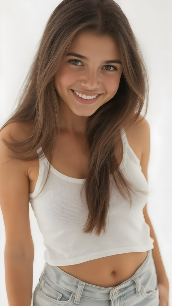 ((full body view)) of a (((gorgeous))) ((teen girl)), with a warm, inviting smile, and (softly tanned) skin, poised in a confident pose. She wears a ((white tank top)) and ((denim shorts)), ((quality:4k, Ultra High Definition, with intricate details)), which complements her (natural, warm color palette). Her hair is (straight, soft jet brown), with a (little tousling at the tips) that adds a touch of sensuality. She exudes an air of confidence and expertise. Her smile radiates cheerfulness. The backdrop is a simple, (softly detailed) white setting that adds a touch of sophistication to the image