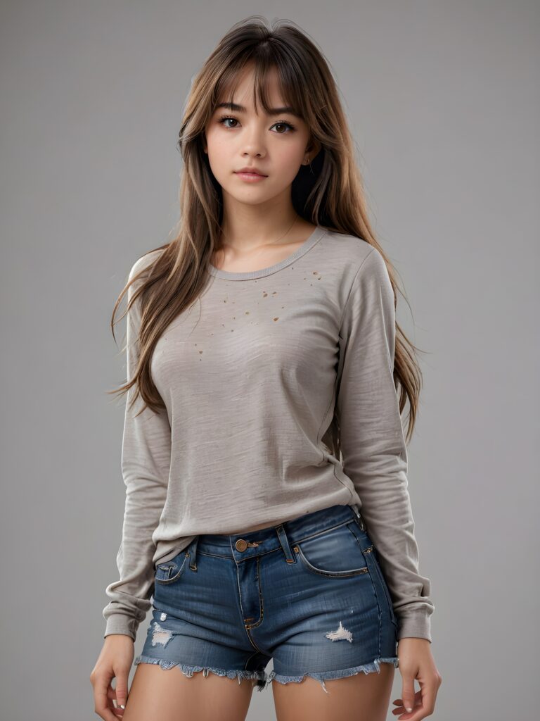 ((full body view)) of (((cute))) (((elegant))) ((attractive)) (((long, messy, straight hair))) ((stunning)) a beautifully realistic, cinematic lights, teen girl, bangs haircut, detailed hair, realistic detailed angelic face, ((realistic detailed brown eye)) looks sadly at the camera, portrait shot, perfect curved, wears a super short tight (grey shirt) made on thin silk, super short jeans pants, perfect anatomy, white background, side perspective, ((no background))