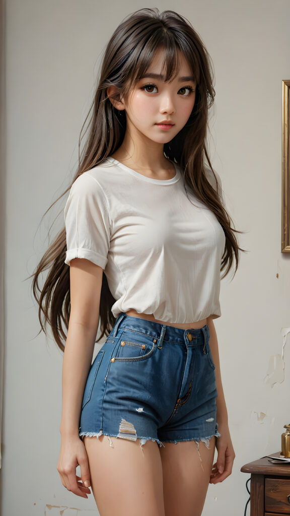 ((full body view)) of (((cute))) (((elegant))) ((attractive)) (((long, messy, straight hair))) ((stunning)) a beautifully realistic, cinematic lights, (Korean teen girl), bangs haircut, detailed black hair, realistic detailed angelic face, ((realistic detailed brown eye)) looks sadly at the camera, portrait shot, perfect curved, wears a super short tight (white shirt) made on thin silk, super short jeans pants, perfect anatomy, side perspective