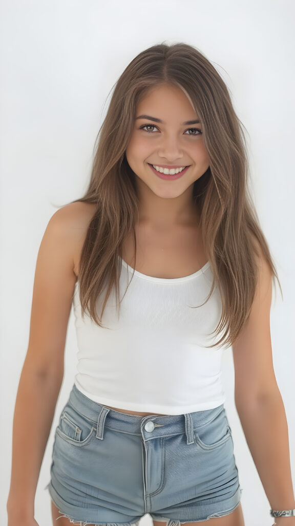 ((full body view)) of a (((gorgeous))) ((teen girl)), with a warm, inviting smile, and (softly tanned) skin, poised in a confident pose. She wears a ((white tank top)) and ((denim shorts)), ((quality:4k, Ultra High Definition, with intricate details)), which complements her (natural, warm color palette). Her hair is (straight, soft jet brown), with a (little tousling at the tips) that adds a touch of sensuality. She exudes an air of confidence and expertise. Her smile radiates cheerfulness. The backdrop is a simple, (softly detailed) white setting that adds a touch of sophistication to the image