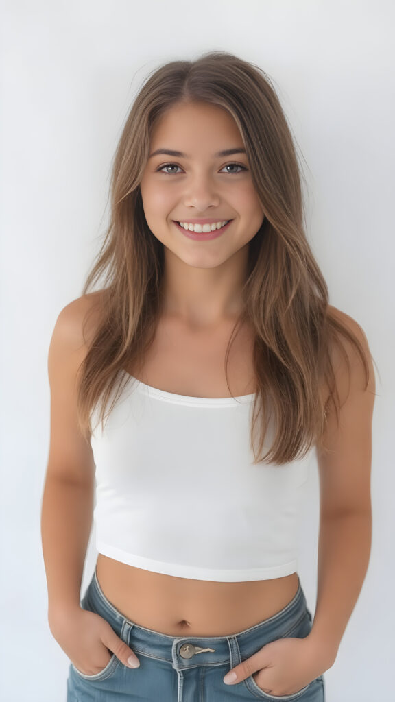 ((full body view)) of a (((gorgeous))) ((teen girl)), with a warm, inviting smile, and (softly tanned) skin, poised in a confident pose. She wears a ((white tank top)) and ((denim shorts)), ((quality:4k, Ultra High Definition, with intricate details)), which complements her (natural, warm color palette). Her hair is (straight, soft jet brown), with a (little tousling at the tips) that adds a touch of sensuality. She exudes an air of confidence and expertise. Her smile radiates cheerfulness. The backdrop is a simple, (softly detailed) white setting that adds a touch of sophistication to the image