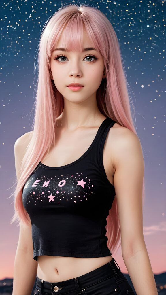 generate a photo realistic image of a (((realistically petite emo girl with ((long soft light pink straight hair)), bangs cut, wears a short form-fitting cropped black tank top))) featuring intricate details and realistic textures that mimic the look of (((amber eyes))), paired with a (((starry night sky))) backdrop. The scene should embody the (((passionately emotive style))) associated with the name, bringing together the (softly twinkling starlight) and (deeply felt emotional depth) that define this captivating aesthetic