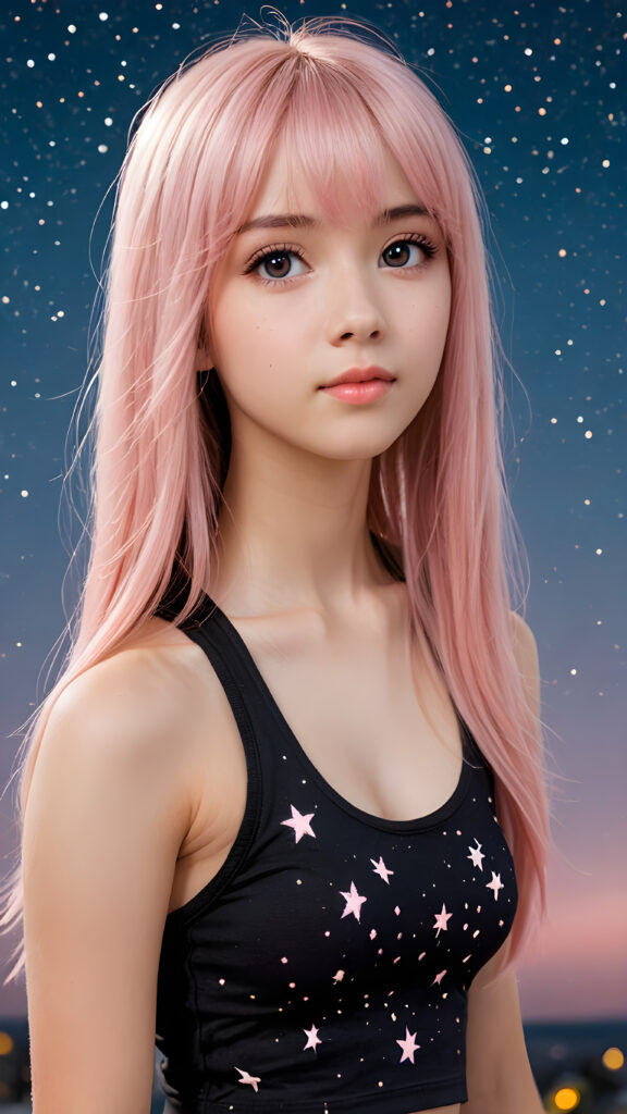 generate a photo realistic image of a (((realistically petite emo girl with ((long soft light pink straight hair)), bangs cut, wears a short form-fitting cropped black tank top))) featuring intricate details and realistic textures that mimic the look of (((amber eyes))), paired with a (((starry night sky))) backdrop. The scene should embody the (((passionately emotive style))) associated with the name, bringing together the (softly twinkling starlight) and (deeply felt emotional depth) that define this captivating aesthetic