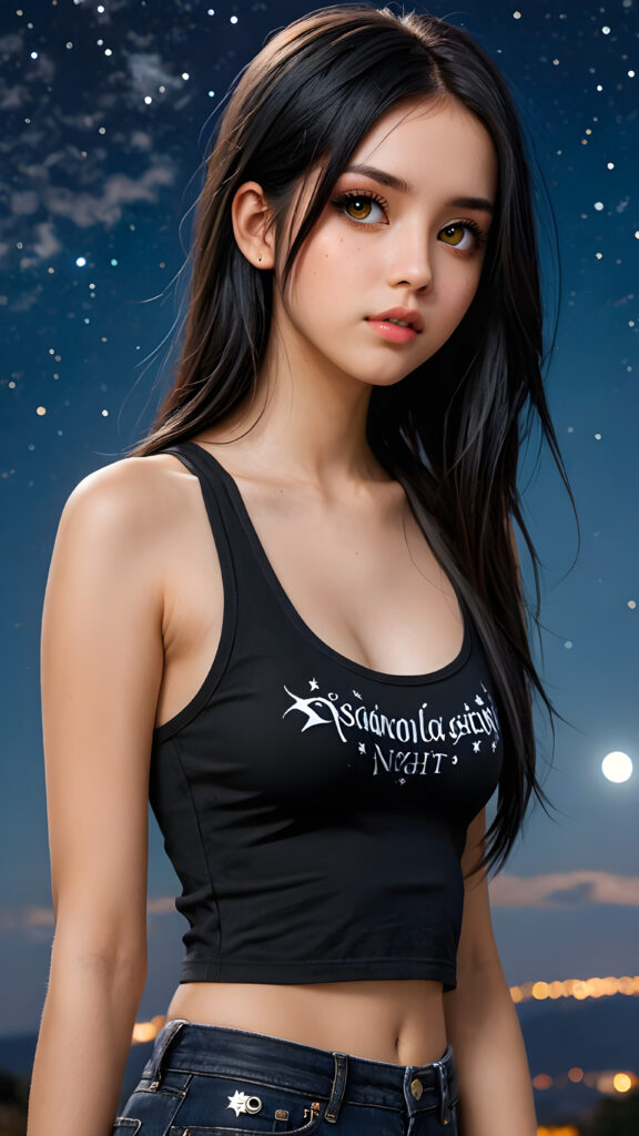 generate a photorealistic image of a (((realistically drawn passionate emo girl with long soft black straight hair, wears a short form-fitting cropped tank top, caught in a moment of surprise))) featuring intricate details and realistic textures that mimic the look of (((amber eyes))), paired with a (((starry night sky))) backdrop. The scene should embody the (((passionately emotive style))) associated with the name, bringing together the (softly twinkling starlight) and (deeply felt emotional depth) that define this captivating aesthetic