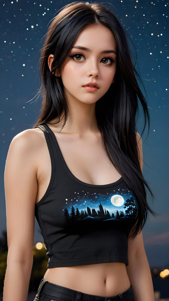 generate a photorealistic image of a (((realistically drawn passionate emo girl with long soft black straight hair, wears a short form-fitting cropped tank top, caught in a moment of surprise))) featuring intricate details and realistic textures that mimic the look of (((amber eyes))), paired with a (((starry night sky))) backdrop. The scene should embody the (((passionately emotive style))) associated with the name, bringing together the (softly twinkling starlight) and (deeply felt emotional depth) that define this captivating aesthetic