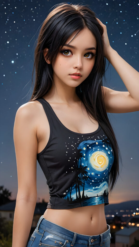 generate a photorealistic image of a (((realistically drawn passionate emo girl with long soft black straight hair, wears a short form-fitting cropped tank top, caught in a moment of surprise))) featuring intricate details and realistic textures that mimic the look of (((amber eyes))), paired with a (((starry night sky))) backdrop. The scene should embody the (((passionately emotive style))) associated with the name, bringing together the (softly twinkling starlight) and (deeply felt emotional depth) that define this captivating aesthetic