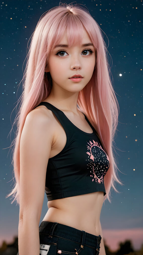 generate a photo realistic image of a (((realistically petite emo girl with ((long soft light pink straight hair)), bangs cut, wears a short form-fitting cropped black tank top))) featuring intricate details and realistic textures that mimic the look of (((amber eyes))), paired with a (((starry night sky))) backdrop. The scene should embody the (((passionately emotive style))) associated with the name, bringing together the (softly twinkling starlight) and (deeply felt emotional depth) that define this captivating aesthetic