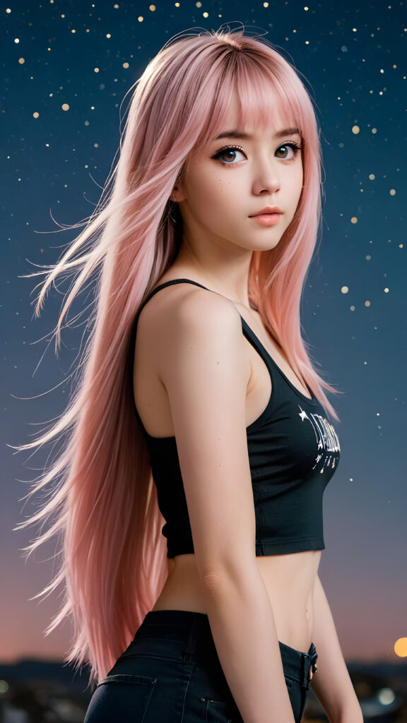 generate a photo realistic image of a (((realistically petite emo girl with ((long soft light pink straight hair)), bangs cut, wears a short form-fitting cropped black tank top))) featuring intricate details and realistic textures that mimic the look of (((amber eyes))), paired with a (((starry night sky))) backdrop. The scene should embody the (((passionately emotive style))) associated with the name, bringing together the (softly twinkling starlight) and (deeply felt emotional depth) that define this captivating aesthetic