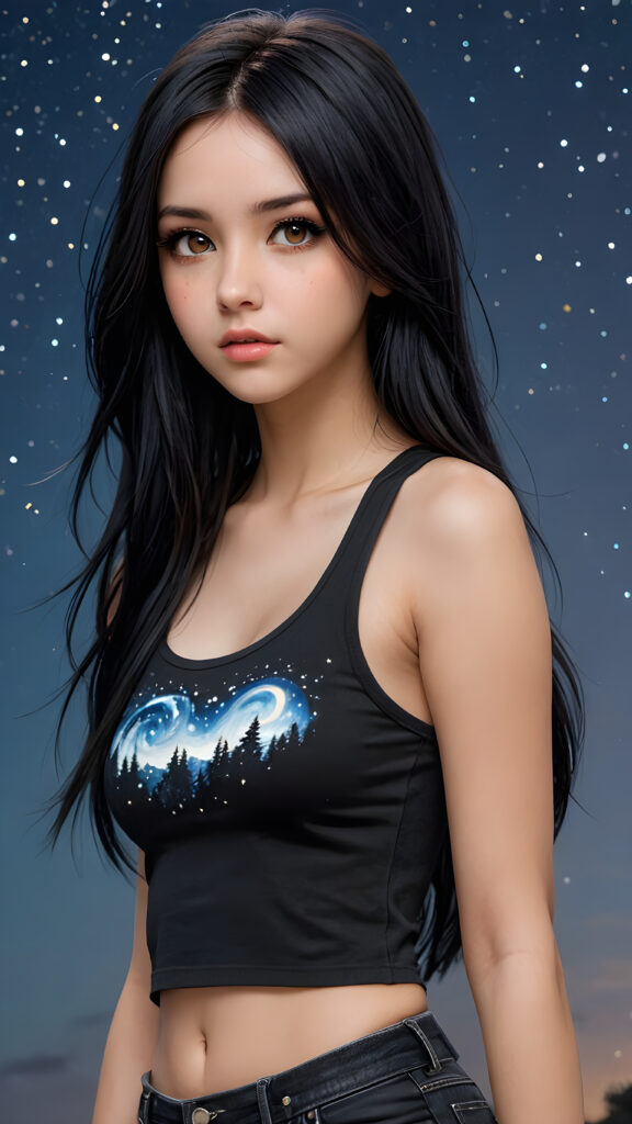 generate a photorealistic image of a (((realistically drawn passionate emo girl with long soft black straight hair, wears a short form-fitting cropped tank top, caught in a moment of surprise))) featuring intricate details and realistic textures that mimic the look of (((amber eyes))), paired with a (((starry night sky))) backdrop. The scene should embody the (((passionately emotive style))) associated with the name, bringing together the (softly twinkling starlight) and (deeply felt emotional depth) that define this captivating aesthetic