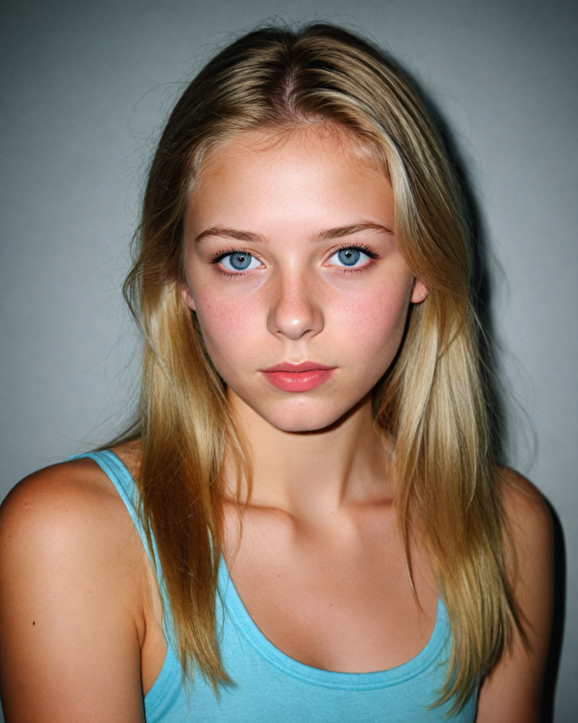 a detailed and realistic upper-body photo from a young girl, with long straight very soft light blond hair, round face, beautiful light blue eyes, full lips looks at the viewer, she wears a short cropped tank top