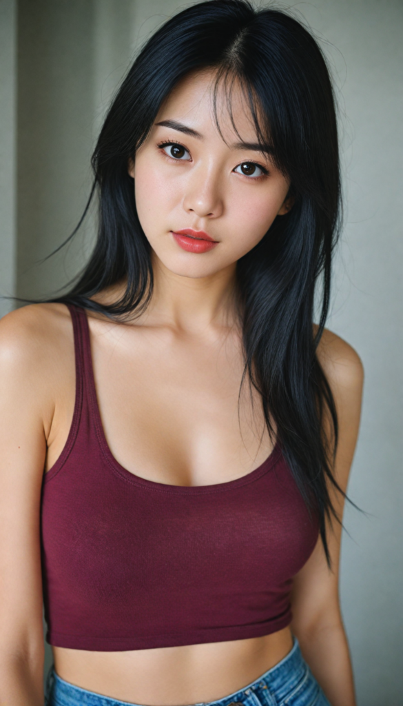 a (beautifully realistic cute Japanese teen girl, she looks seductive), with long, flowing, voluminous, obsidian black soft hair, flawless (porcelain skin), a small flawless nose, and rosy red lips, amber eyes, dressed in a (plain very short tight revealing translucent tank top), posing confidently, Korean