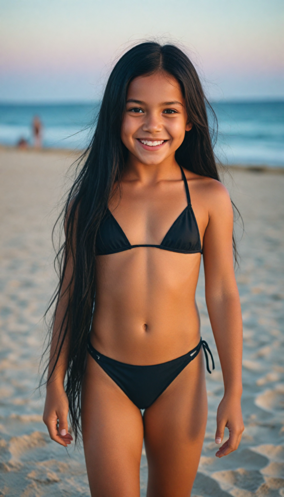 a young tanned girl in a bikini, smile, beach in the backdrop, long straight hazelnut jet black hair