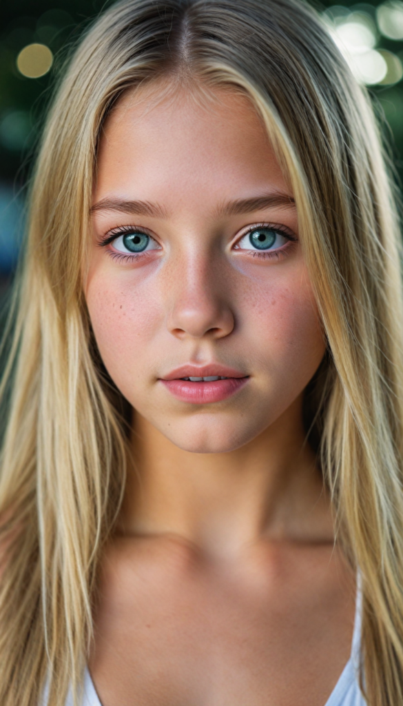 a upper-body portrait from a cute young girl with long, straight blonde hair, super detailed face, detailed eyes, full lips, white bikini