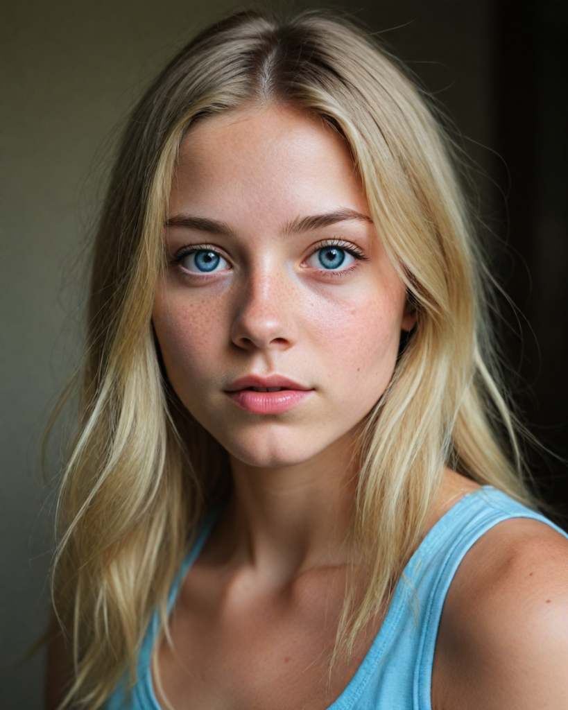 a detailed and realistic upper-body photo from a young girl, with long straight very soft light blond hair, round face, beautiful light blue eyes, full lips looks at the viewer, she wears a short cropped tank top