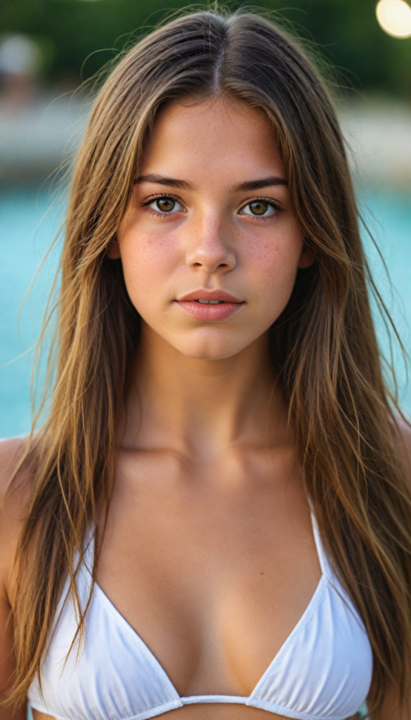 a upper-body portrait from a cute young girl with long, straight brown hair, super detailed face, detailed eyes, full lips, white bikini