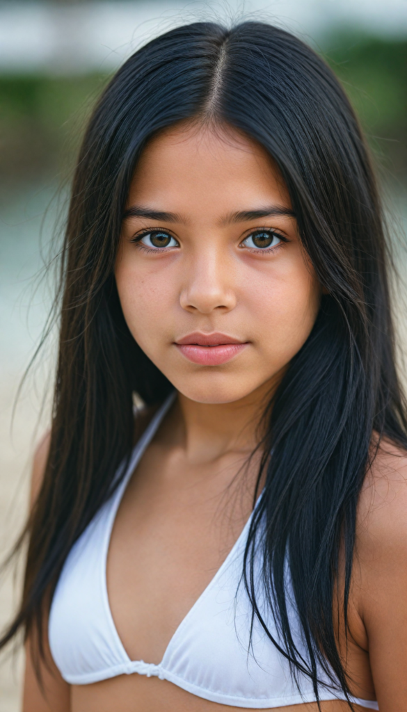 a upper-body portrait from a cute young girl with long, straight black hair, super detailed face, detailed eyes, full lips, white bikini