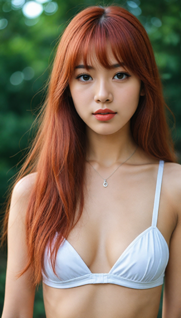 a (very beautiful Asian teenage girl), with long, flowing, voluminous (detailed soft red amber hair), styled in a sleek, shiny, straight bangs haircut with sharp, defined (full red lips), emitting an ethereal glow that complements her otherwise natural features, dressed in a (t-shirt), perfect curved fit body, round realistic face, round shiny amber eyes