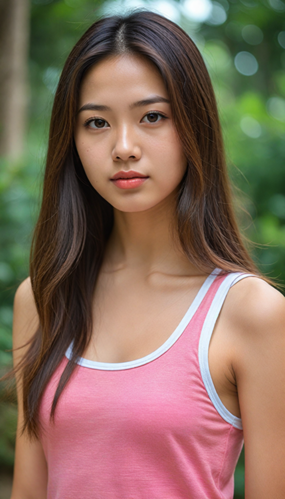 a (beautifully realistic cute Taiwanese teen girl), with long, flowing, voluminous, light brown soft hair, flawless (porcelain skin), a small flawless nose, and rosy red lips, dressed in a (plain very short tight revealing translucent tank top), posing confidently, Malaysian