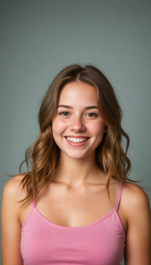 a (teen girl) with a joyful and sunny smile, wearing a sleek and fitted short crop pink tank top that showcases her perfect, curves, captured in a (flawless portrait), with long, flowing, straight hazelnut hair cascading down