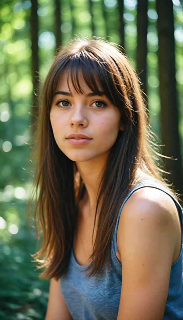 high detailed and realistic (upper body portrait) from a breathtakingly beautiful natural (girl) her cheerful nature makes you happy, with warm amber eyes and luxuriously thick (light brown detailed long smooth straight hair, bangs), full detailed natural lips, (wears a light brown form-fitting plain tank top that support her perfect body, stands in an autumnal forest)