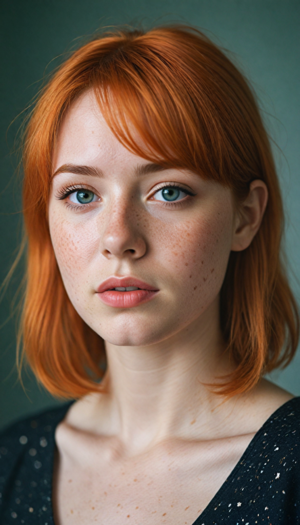 a (softly beautiful young busty girl), with skin that radiates a natural glow, freckles, and imperfections, followed by delicate (full lips), set against a backdrop of a (short, bangs-cut, straight soft long orange hair) and (an imperfect, yet radiant complexion), all framed by a (black, simple outfit) that complements her youthful innocence, against a (white, pure, simple background)