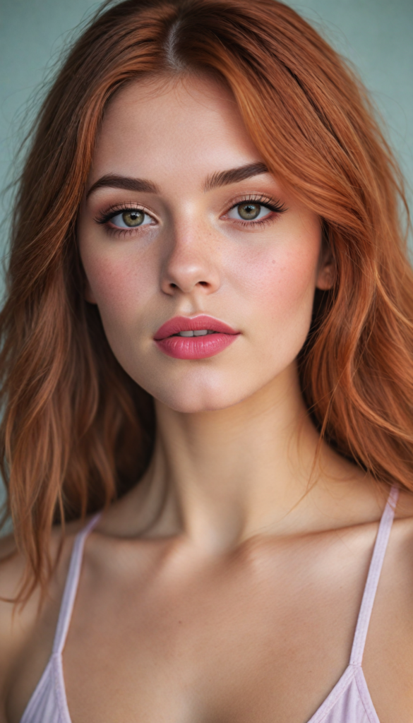 a (very beautiful teenage girl), with long, flowing, voluminous (detailed soft red amber hair), styled in a sleek, shiny, straight haircut with sharp, defined (full red lips), emitting an ethereal glow that complements her otherwise natural features, dressed in a (pink bikini, deep v-neck), perfect curved fit body, round realistic face, round shiny amber eyes, full kissable lips