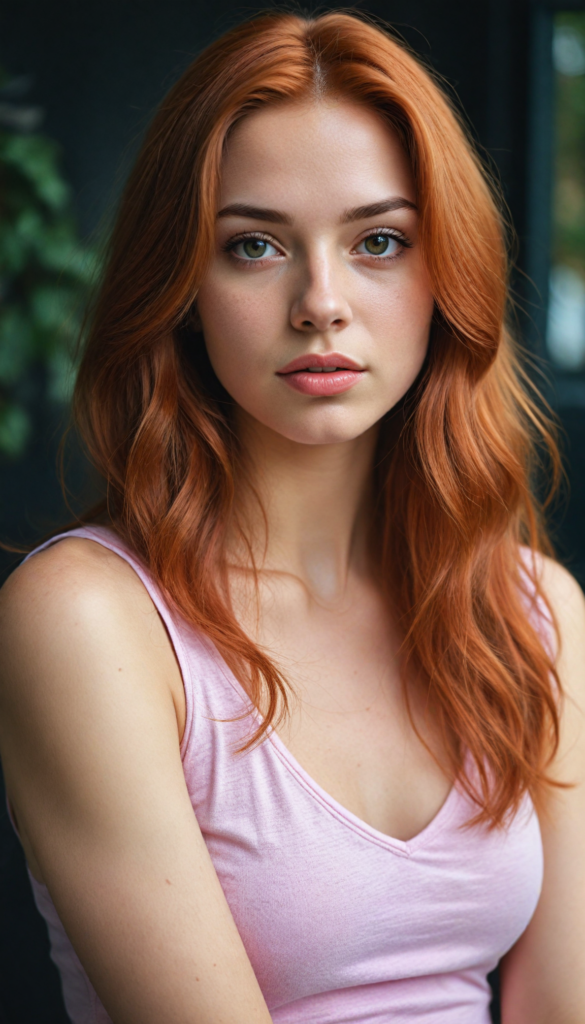 a (very beautiful teenage girl), with long, flowing, voluminous (detailed soft red amber hair), styled in a sleek, shiny, straight haircut with sharp, defined (full red lips), emitting an ethereal glow that complements her otherwise natural features, dressed in a (pink short thin plain and cropped tank top made of fine wool, deep v-neck), perfect curved fit body, round realistic face, round shiny amber eyes