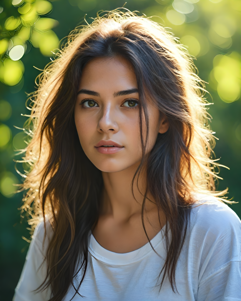 a breathtaking scene featuring a gorgeous and stunning girl with cascading hair, long white t-shirt, sunny green backdrop, detailed face, hair and eyes