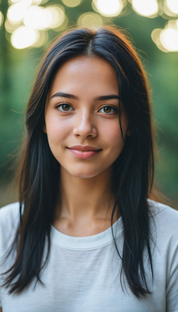 a stunning young girl with soft, long straight jet black hair, captured in a perfect portrait style. She has beautiful amber eyes, full lips and a round face. She wears a simple white t-shirt that contrasts beautifully with her radiant features. The background is a dreamy, blurred landscape bathed in soft pastel colors, reminiscent of an impressionist painting. The lighting is warm and ethereal, highlighting her expressive eyes and gentle smile, evoking a sense of serenity and grace.