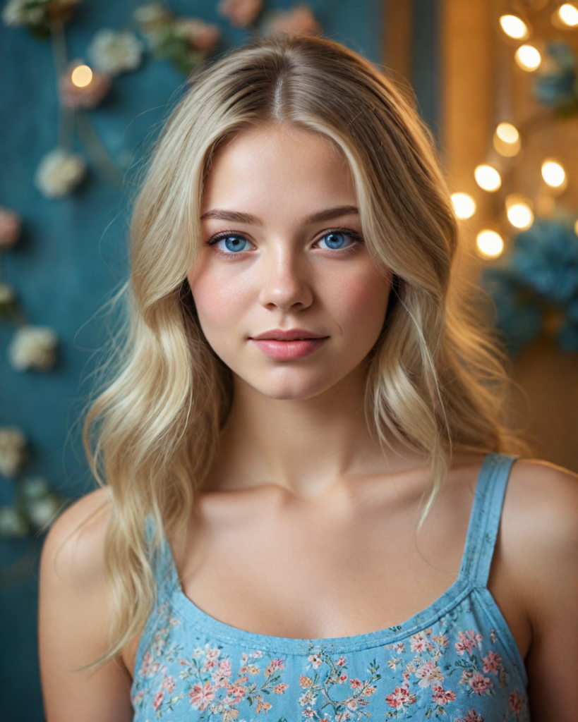 an enchanting portrait of a young girl with long, flowing, silken light blond hair that cascades gently over her shoulders, her round face illuminated by soft, ethereal lighting, sparkling light blue eyes gleaming with curiosity and warmth, full, rosy lips curved into a gentle smile as she gazes directly at the viewer. She wears a stylish, intricately patterned cropped tank top that adds a touch of bohemian flair to the composition, surrounded by a dreamy background of pastel florals and whimsical, twinkling fairy lights, evoking a sense of youthful wonder and serene beauty, captured in a hyper-realistic style reminiscent of classical portrait painting blended with modern digital artistry.