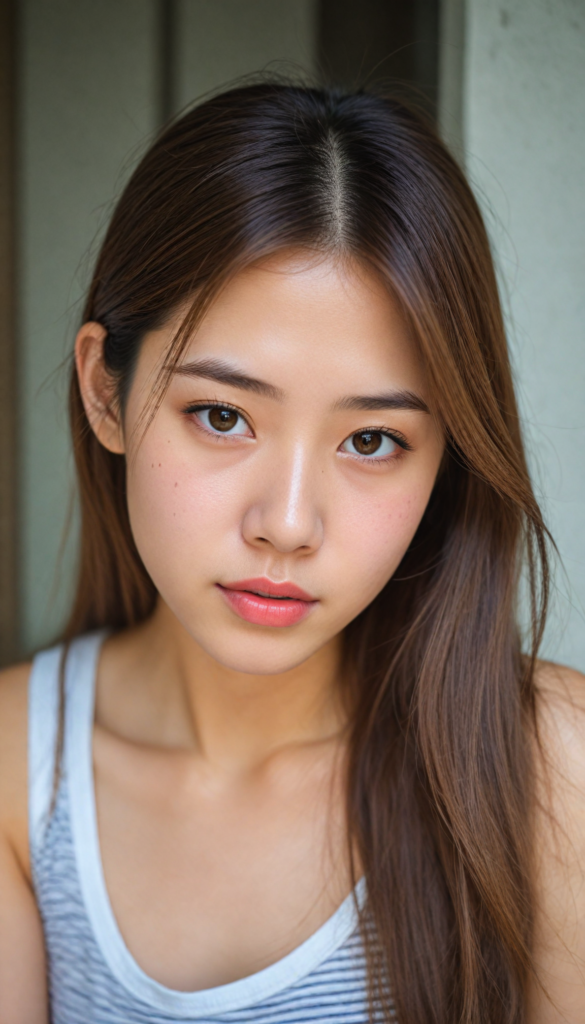 a (beautifully realistic cute Japanese teen girl), with long, flowing, voluminous, light brown soft hair, flawless (porcelain skin), a small flawless nose, and rosy red lips, dressed in a (plain very short tight revealing translucent tank top), posing confidently, Chinese