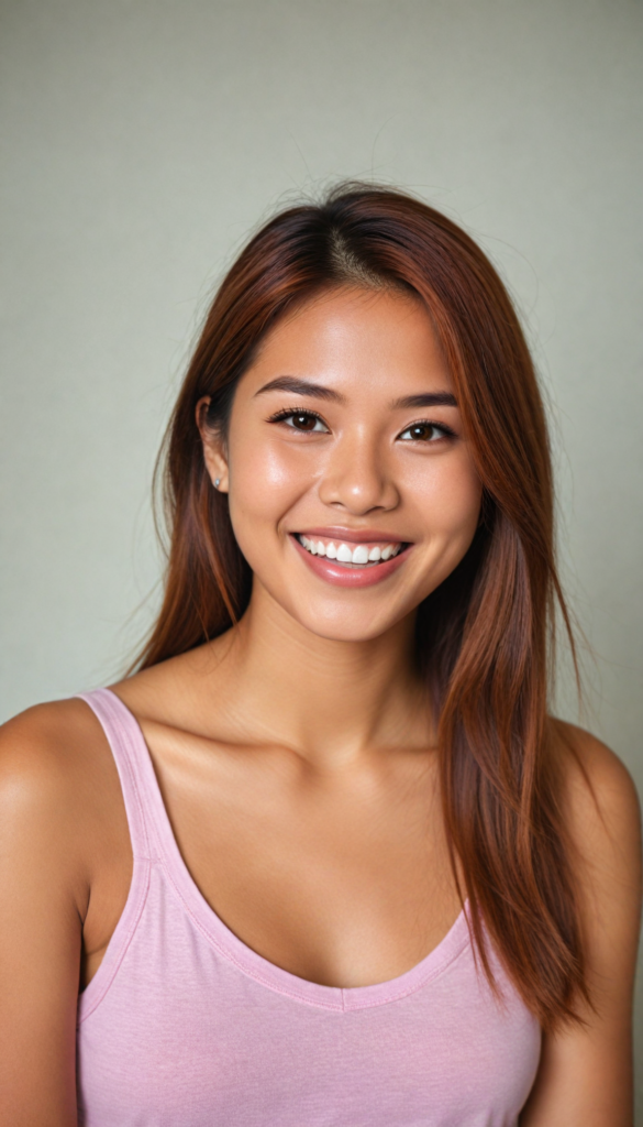 a (very beautiful Pinay teenage girl), with long, flowing, voluminous (detailed soft red amber hair), styled in a sleek, shiny, straight haircut with sharp, defined (full lips), emitting an ethereal glow that complements her otherwise natural features, dressed in a (pink short thin plain and cropped tank top made of fine wool, deep v-neck), perfect curved fit body, she radiates pure joy, smile, perfect white teeth, round realistic face, round shiny amber eyes, full kissable lips, Philippines