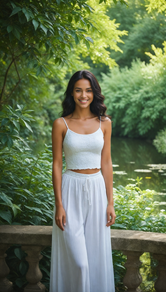 a radiant tanned young girl with an infectious, beaming smile, wearing a stylishly fitted white crop top that elegantly highlights her graceful curves, posed in a dreamy soft-focus portrait that captures a sense of whimsy, her long, sleek black hair cascading like a waterfall, surrounded by a gentle, ethereal glow of sunlight filtered through delicate leaves, evoking a serene summer afternoon in an enchanted garden, reminiscent of a contemporary oil painting by Claude Monet with a modern twist