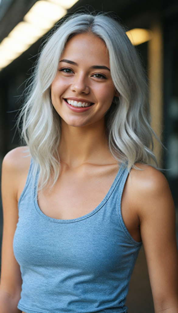 a (cute teen girl) with a gleeful and sunny smile, wearing a sleek and form-fitting short grey cropped tank top that accentuates her flawlessly proportionate figure, paired with jeans, captured in a (photo shoot) against a (softly cinematic backdrop), with long, shiny white hair flowing around her face under (dramatic lighting)