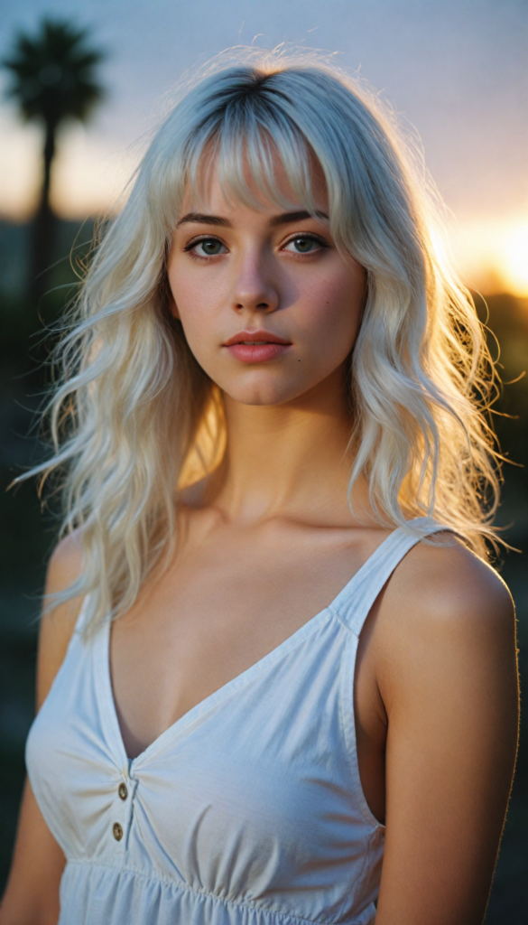 a (cinematic scene) featuring a (very cute well busty teen girl), with details like a side-perspective hairstyle featuring bangs, straight, (detailed long white hair), an angelically perfect facial structure, and a super short, tight, (plain fine tank top, deep v-neck), all against a backdrop of a (softly glowing, side-perspective) sunset