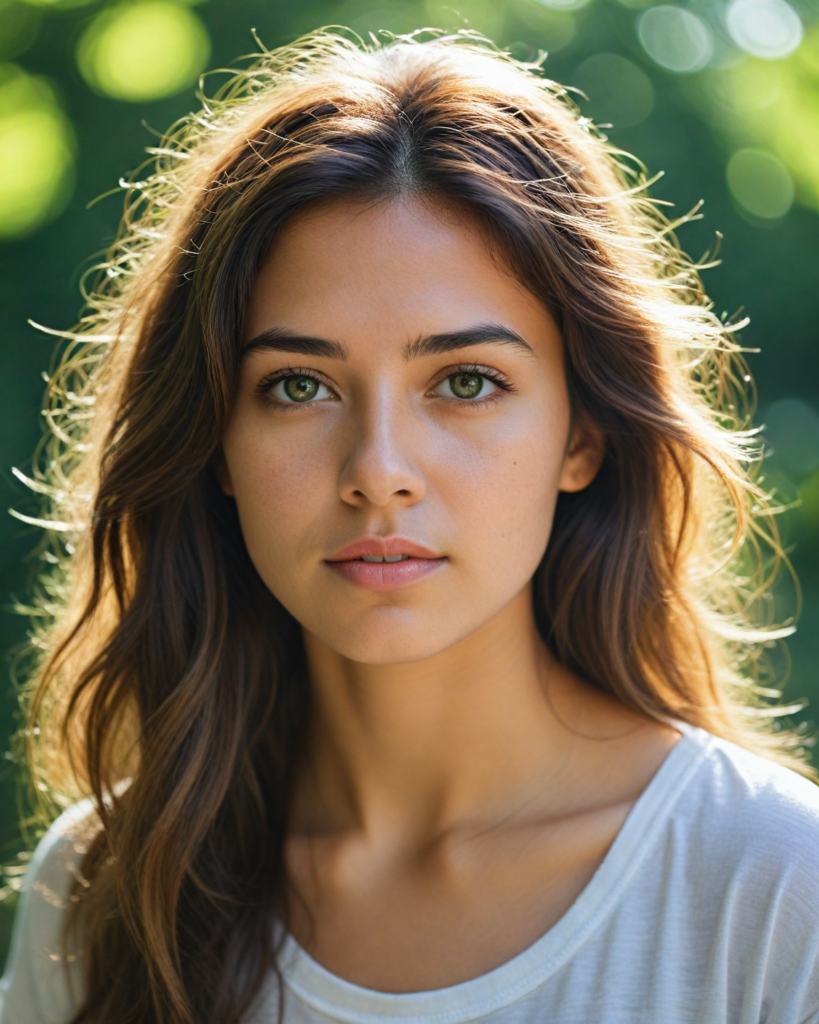 a breathtaking scene featuring a gorgeous and stunning girl with cascading hair, long white t-shirt, sunny green backdrop, detailed face, hair and eyes