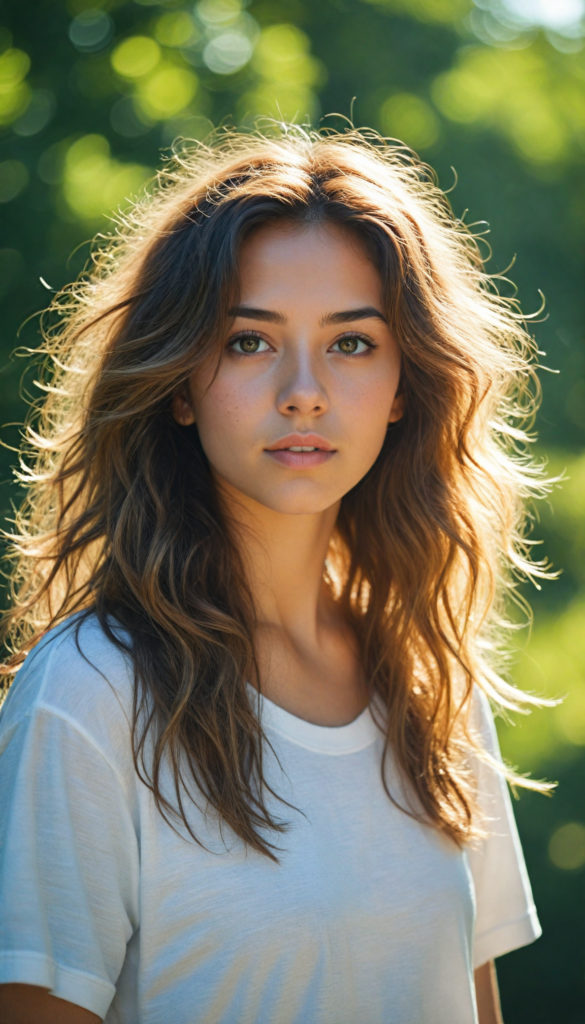 a breathtaking scene featuring a gorgeous and stunning girl with cascading hair, long white t-shirt, sunny green backdrop, detailed face, hair and eyes