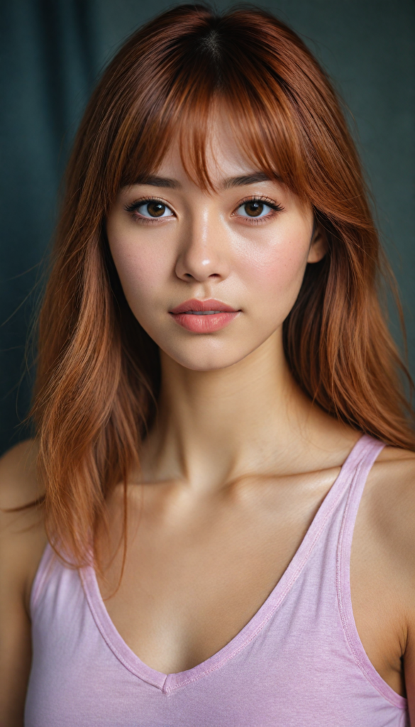 a (very beautiful Asian teenage girl), with long, flowing, voluminous (detailed soft red amber hair), styled in a sleek, shiny, straight bangs haircut with sharp, defined (full red lips), emitting an ethereal glow that complements her otherwise natural features, dressed in a (pink short thin plain and cropped tank top made of fine wool, deep v-neck), perfect curved fit body, round realistic face, round shiny amber eyes