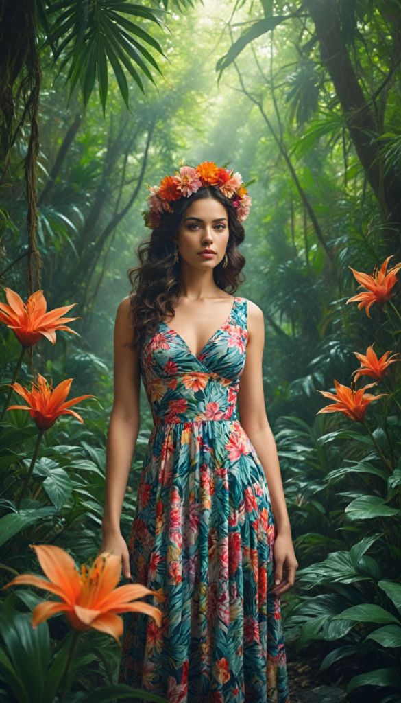 a breathtaking scene featuring a gorgeous and stunning girl with cascading hair, adorned in vibrant tropical flowers, standing amidst a lush jungle. Sunlight filters through dense green foliage, creating a magical dappled effect on her skin. She wears an elegant, flowing dress made of leaves and petals, blending seamlessly into the vibrant surroundings. The jungle teems with life; colorful birds flit through the air, and exotic plants frame the scene. The style combines elements of 21st-century fashion photography with the vivid colors and surreal details found in the works of artists like Henri Rousseau and Frida Kahlo.