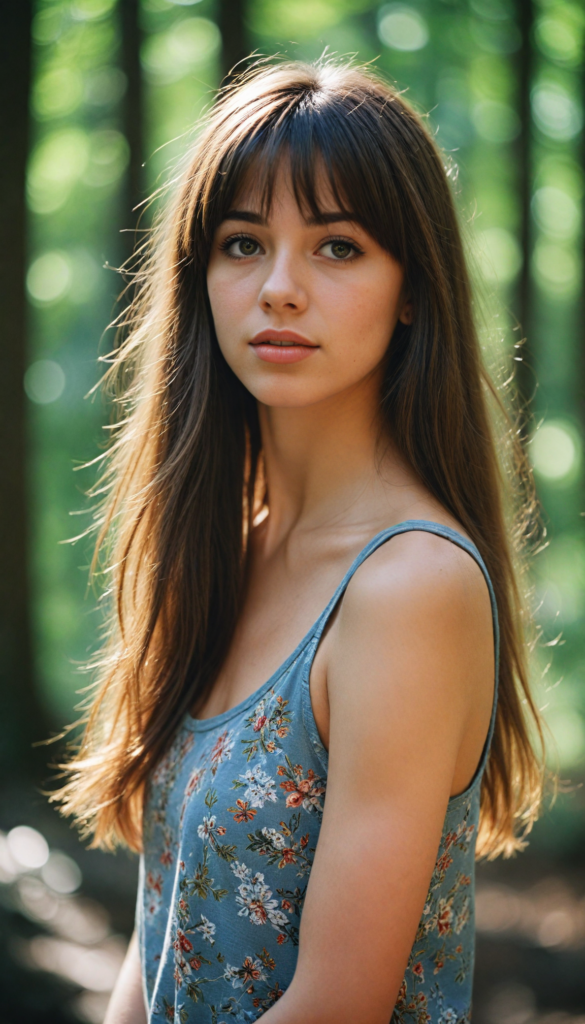 high detailed and realistic (upper body portrait) from a breathtakingly beautiful natural (girl) her cheerful nature makes you happy, with warm amber eyes and luxuriously thick (light brown detailed long smooth straight hair, bangs), full detailed natural lips, (wears a light brown form-fitting plain tank top that support her perfect body, stands in an autumnal forest)