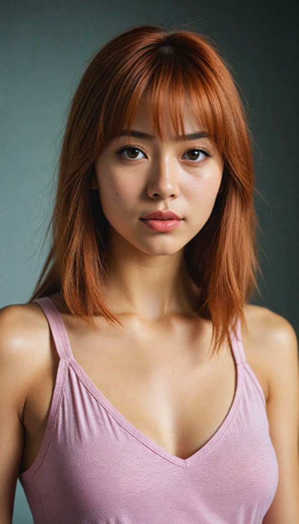 a (very beautiful Asian teenage girl), with long, flowing, voluminous (detailed soft red amber hair), styled in a sleek, shiny, straight bangs haircut with sharp, defined (full red lips), emitting an ethereal glow that complements her otherwise natural features, dressed in a (pink short thin plain and cropped tank top made of fine wool, deep v-neck), perfect curved fit body, round realistic face, round shiny amber eyes