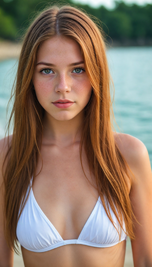 a upper-body portrait from a cute young girl with long, straight auburn hair, super detailed face, detailed eyes, full lips, white bikini