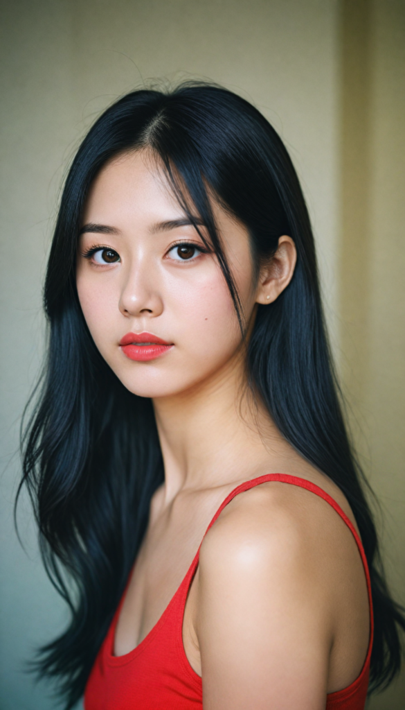 a (beautifully realistic cute Japanese teen girl, she looks seductive), with long, flowing, voluminous, obsidian black soft hair, flawless (porcelain skin), a small flawless nose, and rosy red lips, amber eyes, dressed in a (plain very short tight revealing translucent tank top), posing confidently, Korean