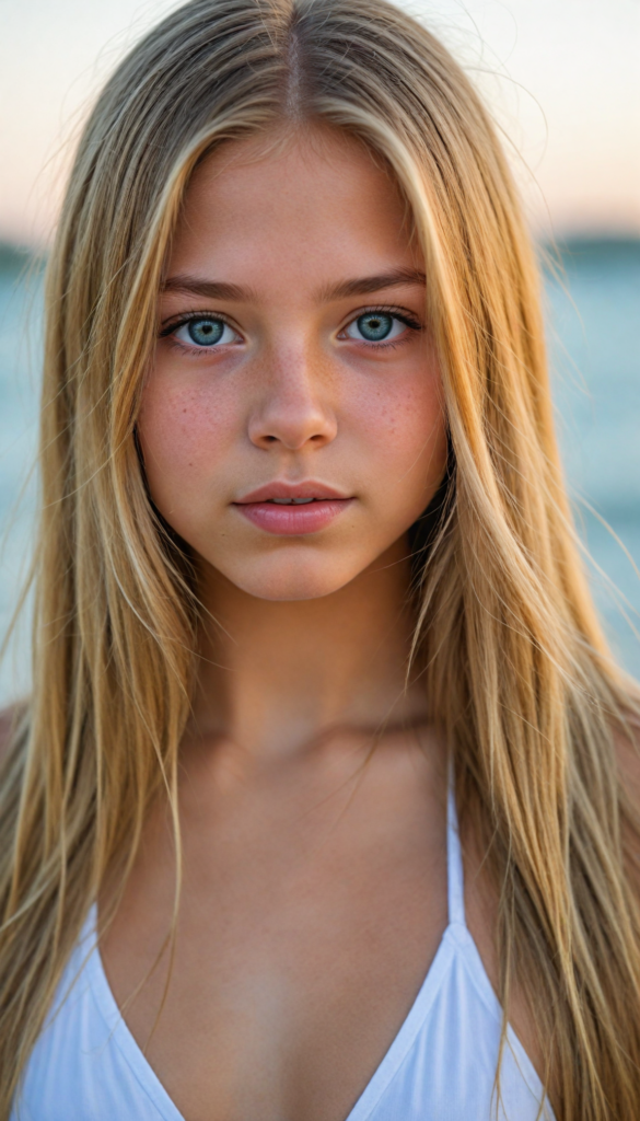 a upper-body portrait from a cute young girl with long, straight gold hair, super detailed face, detailed eyes, full lips, white bikini